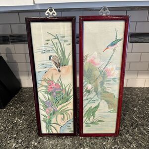 2- Vtg Asian Scenic Silk Framed Painting Art Mallard Duck Kingfisher Bird China